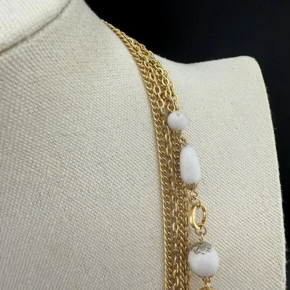 Vintage Gold-Tone Multistrand Necklace With White Plastic Beads Made In Japan - Picture 9 of 9